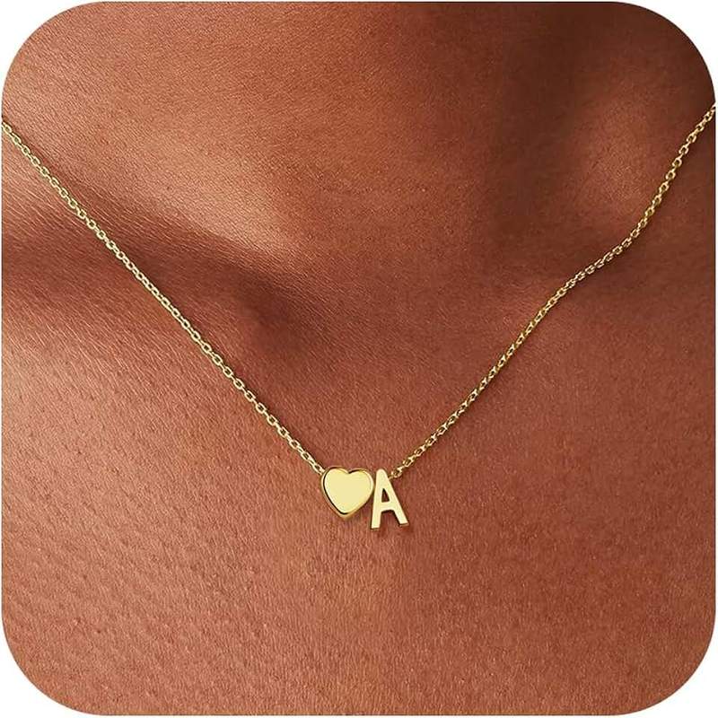 Decholly Gold Heart Initial Necklaces for Women Girls - 18K Gold Plated Heart Initial Pendant Necklace Dainty Heart Necklace Tiny Gold Initial Necklace for Women Girls Jewelry Gifts