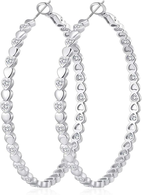 OOOPEL Heart Cubic Zirconia Large Hoop Earrings for Womens 925 Silver 14k Gold Plated Hypoallergenic Rhinestone Hoops Earring Sparkly Jewelry Gift 30/40/50/60mm