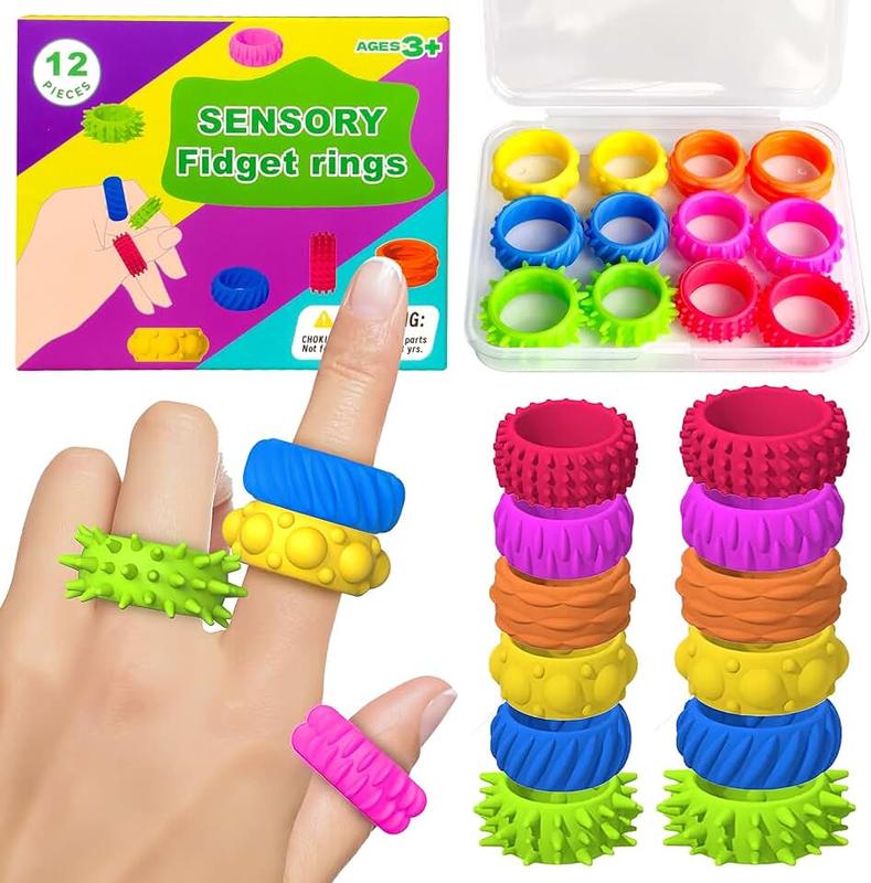 Fidget Toys Kids Sensory Rings: 12 Pack Quiet Calming Spinner Rings – Autism Stress Relief, Anxiety Fidgets for Classroom, Prize Gift & Stocking Stuffers