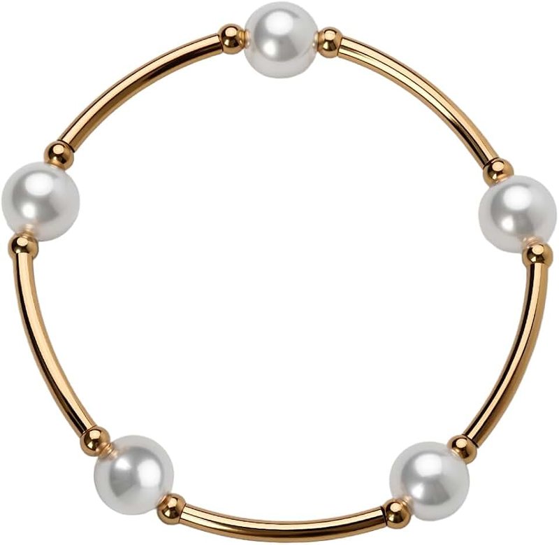 Guqqeuc Pearl Beaded Bracelets 10mm Pearls Bracelet for Women Gold Beads Wrist Chains Blessing Stretch Chain for Lady