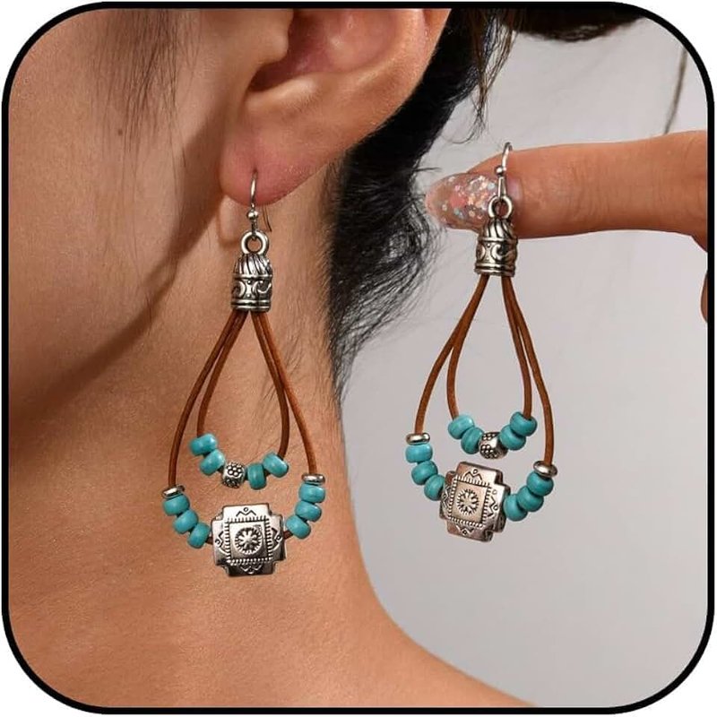 HUASAI Western Outfits Earrings for Women Bohemian Turquoise Western Jewelry Dangle Vintage Ethnic Flower Pendant Country Concert Outfits for Women Dress Accessories
