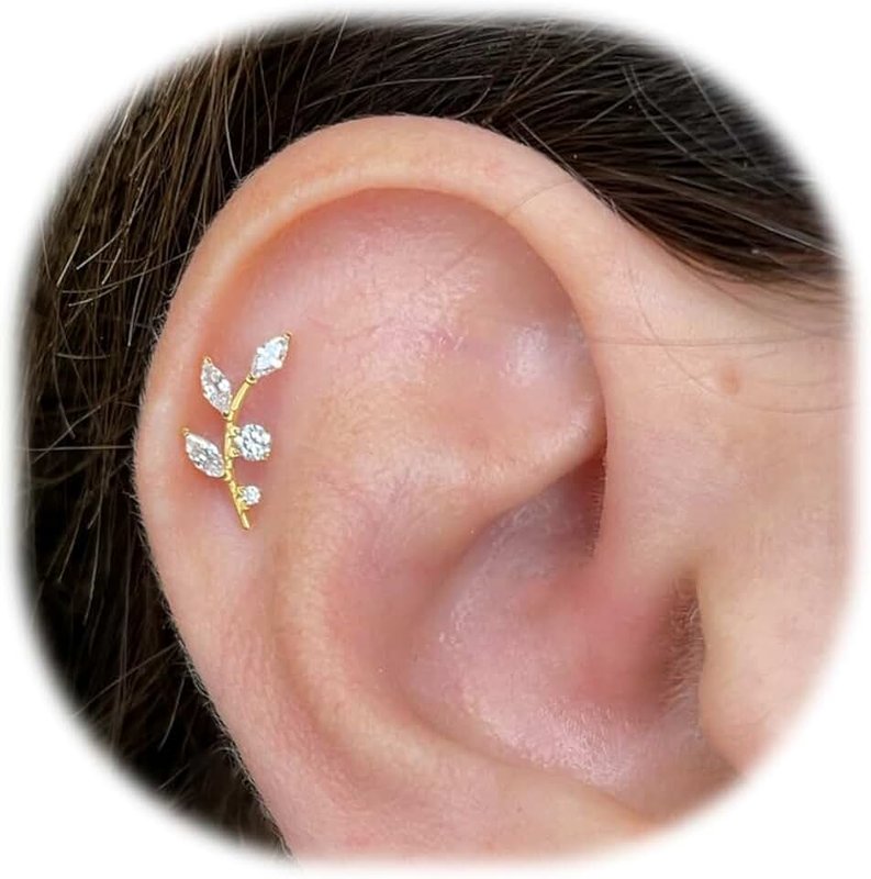 SAWOWGER 16G Titanium Flat Back Earrings for Women Conch/Helix/Foward Helix/Tragus/Hypoallergenic Piercing Jewelry Internal Thread Cartilage Stud Gold Silver CZ Branch Earrings