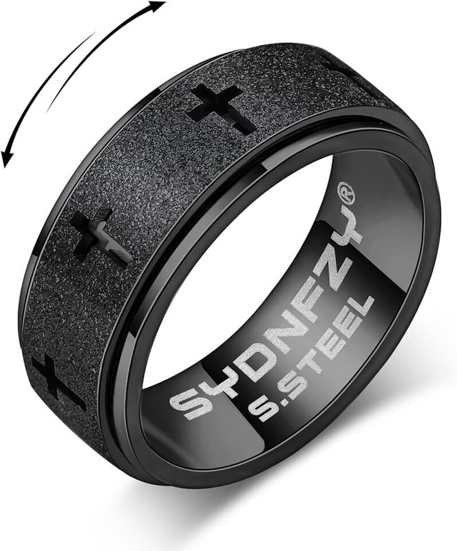 SYDNFZY Anxiety Spinner Ring for Men - Stainless Steel Fidget Spinner Ring, Band Cross Thumb Roating Rings for Stress Relief 8mm Anxiety Relieve Fidget Toys for Adults Ring Size 6 7 8 9 10 11