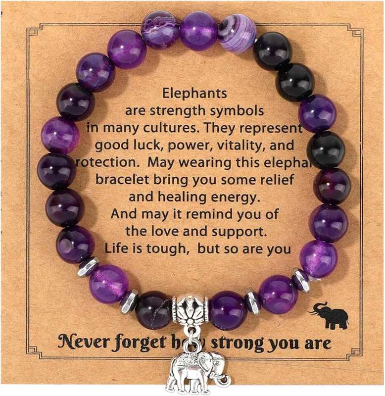 Mikovivi Get Well Gifts for Women, Amethyst Bracelets Recovering Crystal Beaded Bracelet with Elephant Pendant Decor for Inspirational Gifts, Medium, Stone, no gemstone