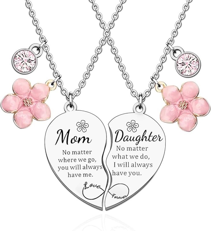 lakayfimily 2Pcs Mom Daughter Heart Matching Pendant Necklace Set Cute Jewelry Accessories for Easter Mother's Day Mom&Daughter Birthday Christmas Gifts