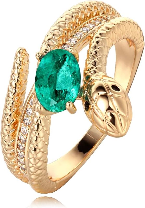 Valloey Rover Emerald Ring-Chunky Gold Rings for Women Non Tarnish 14K Gold Plated Stackable Vintage Snake Green Gemstone Solitaire Rings Statement Wedding Engagement Promise Ring Jewelry for Women