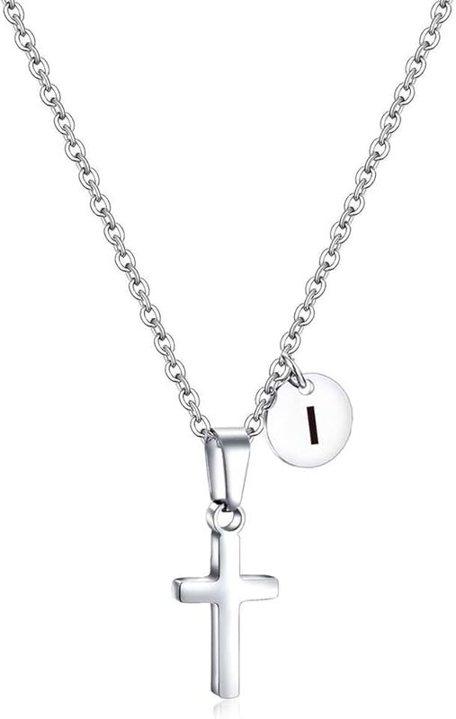 AILAAILA Initial Cross Necklace for Kids Boy Teenage Boy Girls Stainless Steel Cross Pendant First Communion Baptism Confirmation Graduation Gifts Back to School Gifts for Boys