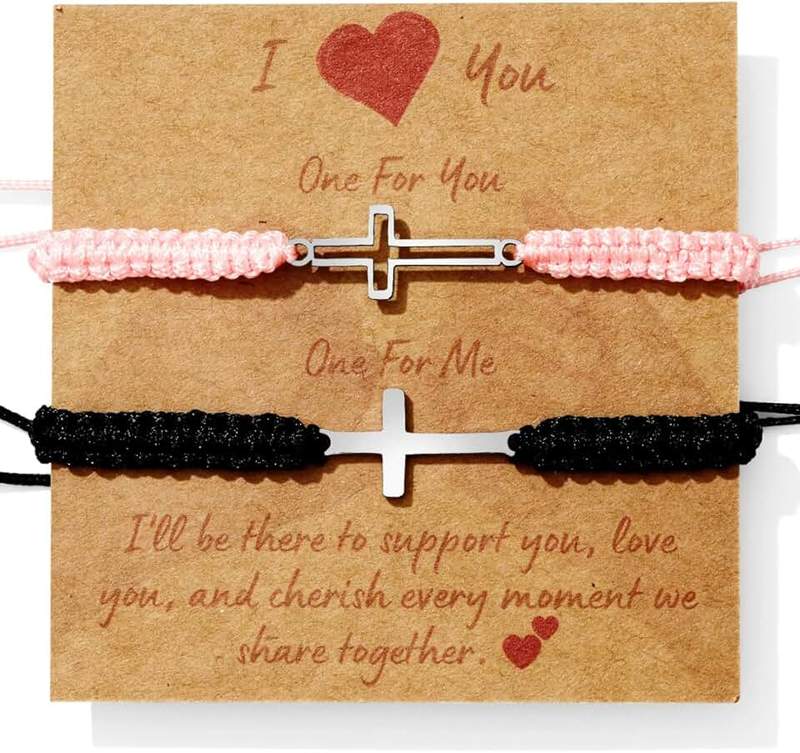 Jexiva 2Pcs Adjustable Couples Bracelet - Christian Cross - Stainless Steel - Strong Woven Rope - Couples, Family & Friendship Bracelet for Men & Women Gift
