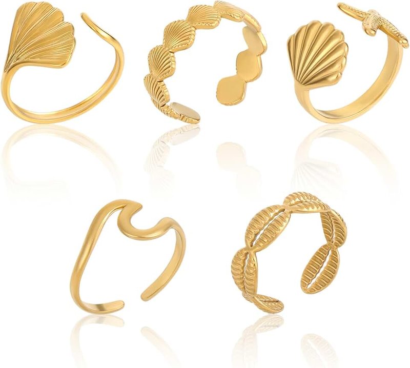 Mikovivi 5pcs Gold Seashell Rings for Women,Stylish Adjustable Beachy Ocean Jewelry Shell Wave Starfish Rings Perfect Gifts and Decoration Accessories for Summer Beach Daily Wear
