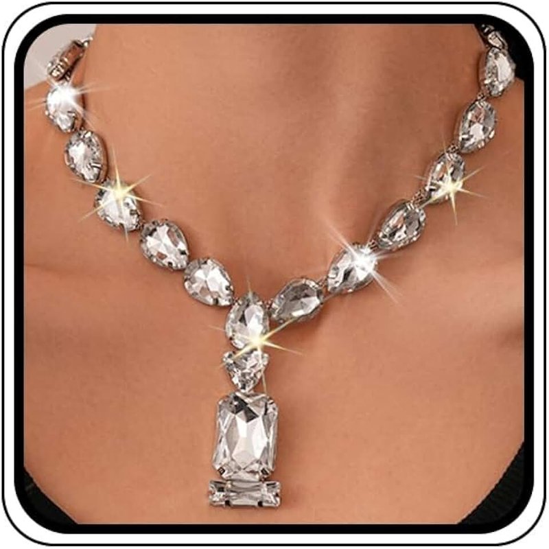 YNZGYBY Bling Rhinestone Choker Y Necklace for Women Exaggerated Sparkly Geometric Crystal Pendant Necklaces Trendy Silver Prom Costume Statement Jewelry Gifts
