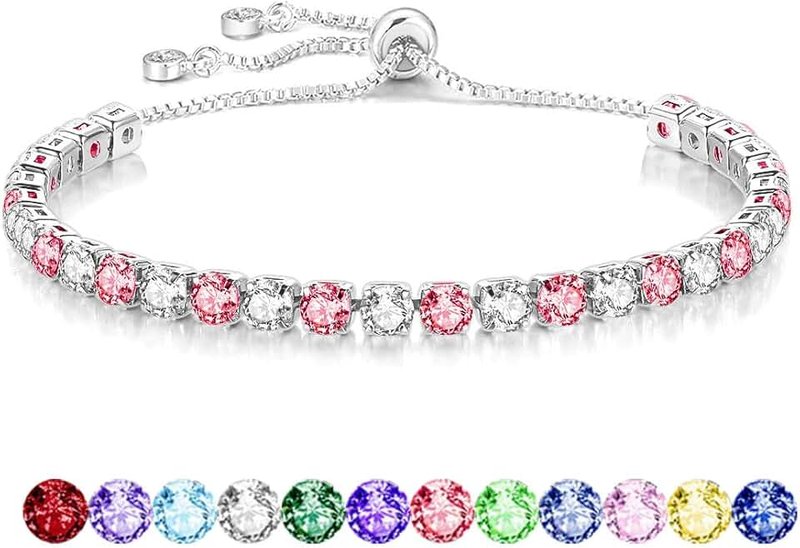 Mieoyue S925 Silver Bracelet for Women Adjustable Slider Crystal Tennis Bracelet Birthstone Jewellery Birthday Gifts