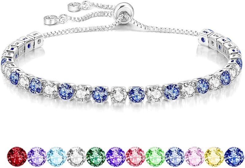 Mieoyue S925 Silver Bracelet for Women Adjustable Slider Crystal Tennis Bracelet Birthstone Jewellery Birthday Gifts
