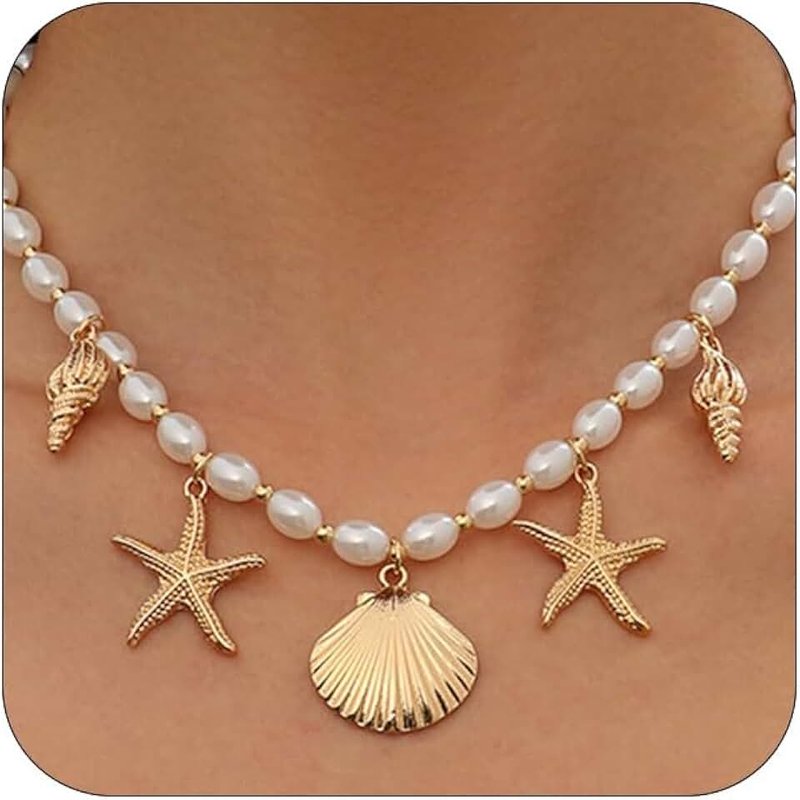 DZSYJKTM Dainty Gold Starfish Conch Oval Pearl SeaShell Necklace for Women Trendy, Statement Boho Shell Pearls Beaded Chain Necklaces Holiday Beach Party Jewelry
