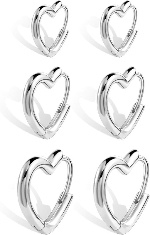 ALEXCRAFT 925 Sterling Silver 3 Pairs Heart Earrings Set for Women 14K Gold Plated Hoops, ALEXCRAFT Minimalist Hearts Shaped Small Big Silver Huggie Hoop Trendy Earring Hypoallergenic Thick Chunky Earings
