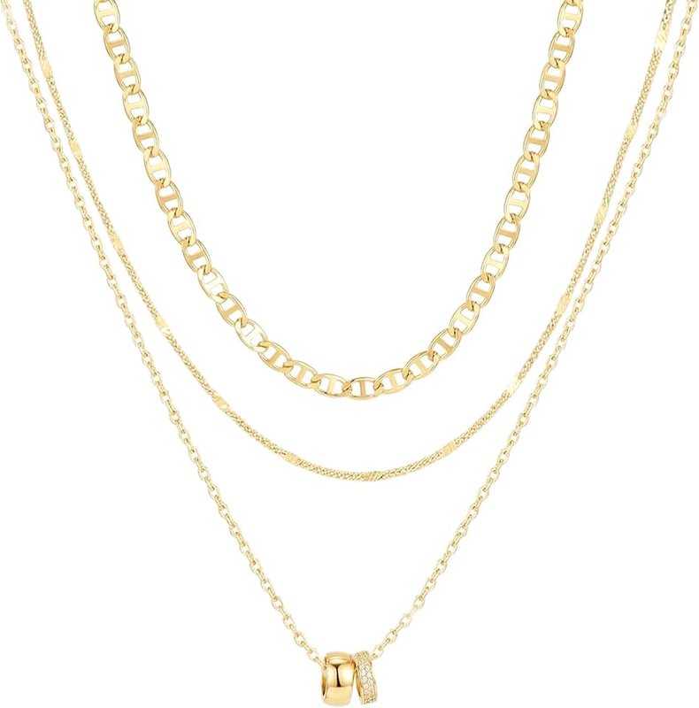 Fohufo Layered Necklaces for Women - 14K Gold Plated Necklace, Dainty 3Pcs Layered Stacked Necklace, Circle Chain Necklaces, Non Tarnish Waterproof Jewelry, Birthday Jewelry Gifts