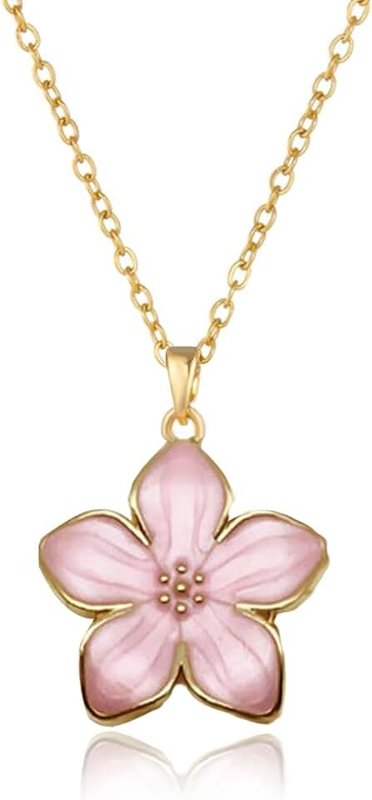 KJDYQ Mulan-Inspired Blossom of Honor Necklace Pink Enamel Flower Charm Pendant for Women-Warrior Princess Birthday Gift for Her, Middle, Stainless Steel, No Gemstone