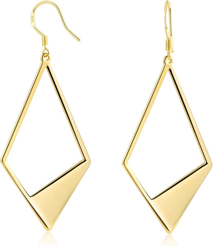 ALEXCRAFT Sterling Silver Dangle Earrings for Women 14K Gold Plated Lightweight Statement Rhombus Drop Earrings Hypoallergenic Leverback Hook Earing for Women Trendy