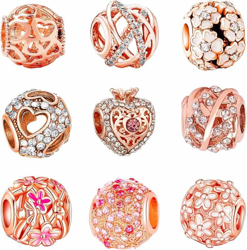 Acrobious 9PCS European Charms Beads Pendant For Pandora Bracelet, Charms for DIY Bracelets Necklace Jewellery Gift for Birthday Valentine's Day Party Christmas Mother's Day Rose Gold Heart Love Flowers, Large