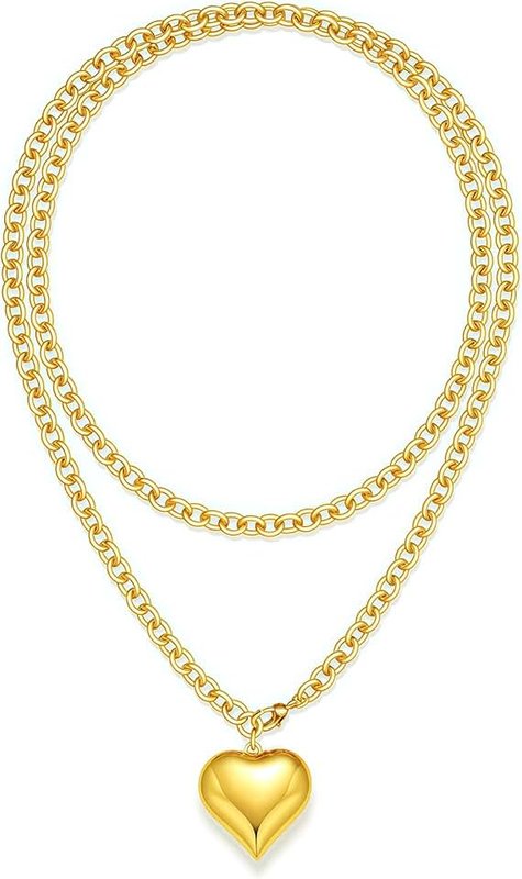 YEATMUE Chunky Gold Necklace for Women, Chunky Heart Necklace layered Puffy Heart Necklaces Long Thick Pendant Bold Statement Necklaces for Women Trendy