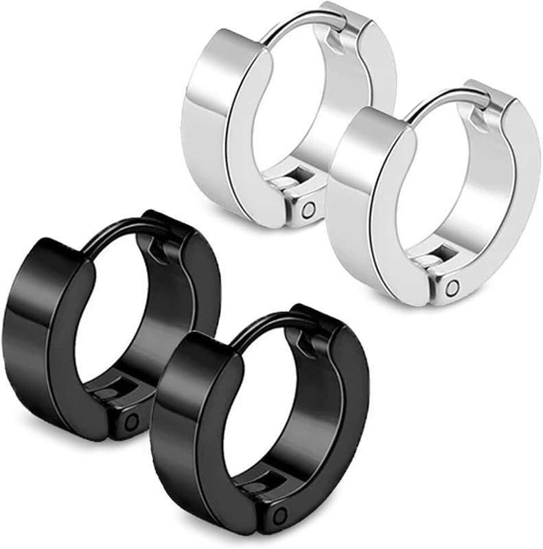 HABNI 2 Pairs Stainless Steel Black Silver Earrings Men/Women's Classic Hoop Earrings (Black and Silver)