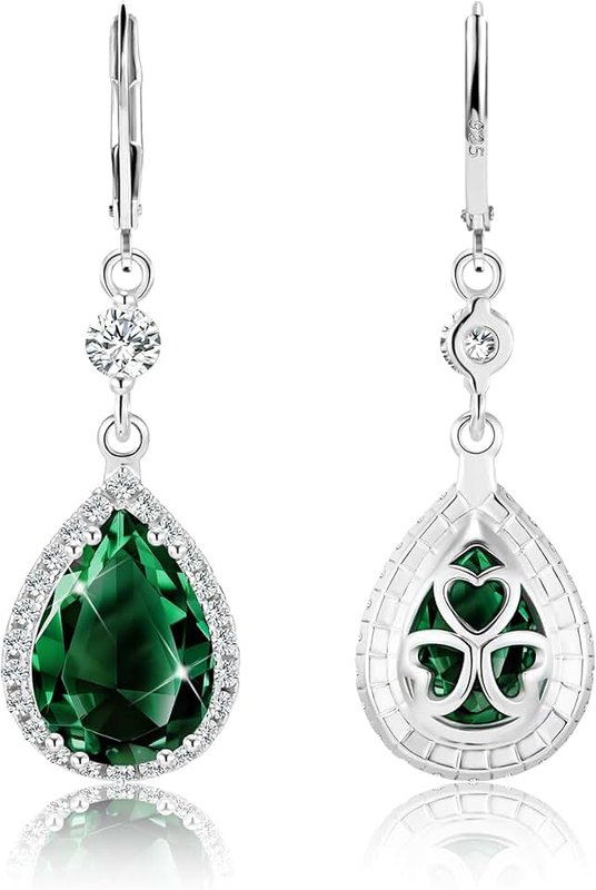 ALEXCRAFT 925 Sterling Silver Teardrop Dangle Earrings for Women, ALEXCRAFT Wedding Earring for Brides Emerald Green Bridal Leverback Cubic Zirconia Dangling Drop Rhinestone Earings Hypoallergenic