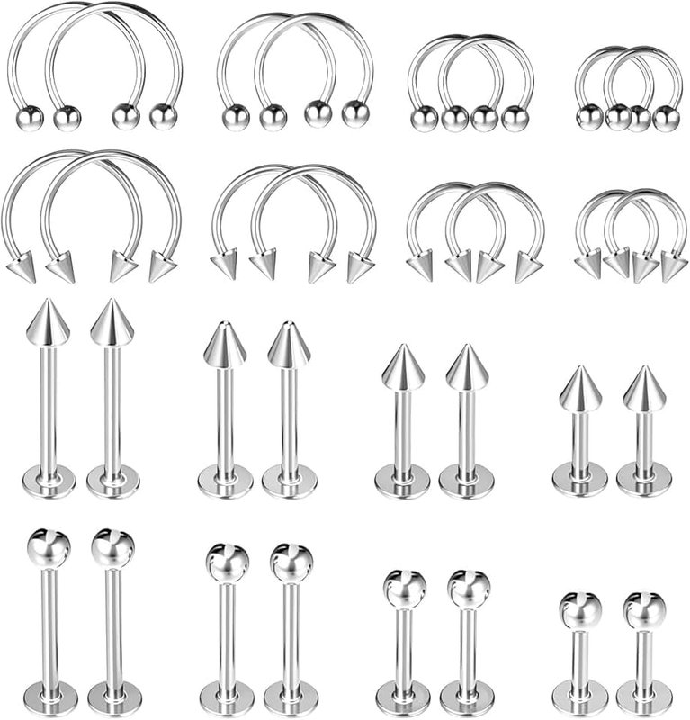 Heclia 32Pcs Lip Rings for Women 16G Stainless Steel Horseshoe Labret Studs Monroe Lip Barbell Ring Snake Bite Piercing Jewelry Helix Earring Daith Tragus Cartilage Surgical Steel Jewelry