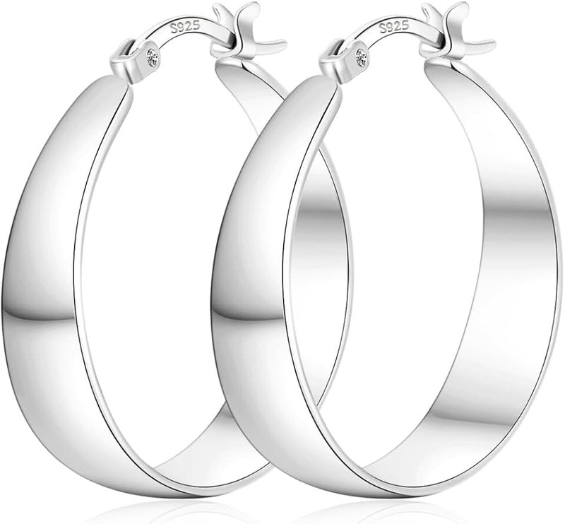 ABPBA Sterling Silver Hoop Earrings, 8MM Wide Hypoallergenic Silver Hoop Earrings for Women, Lightweight Thick Large Hoops Earring for Women Jewelry Gifts 30/40/50/60MM