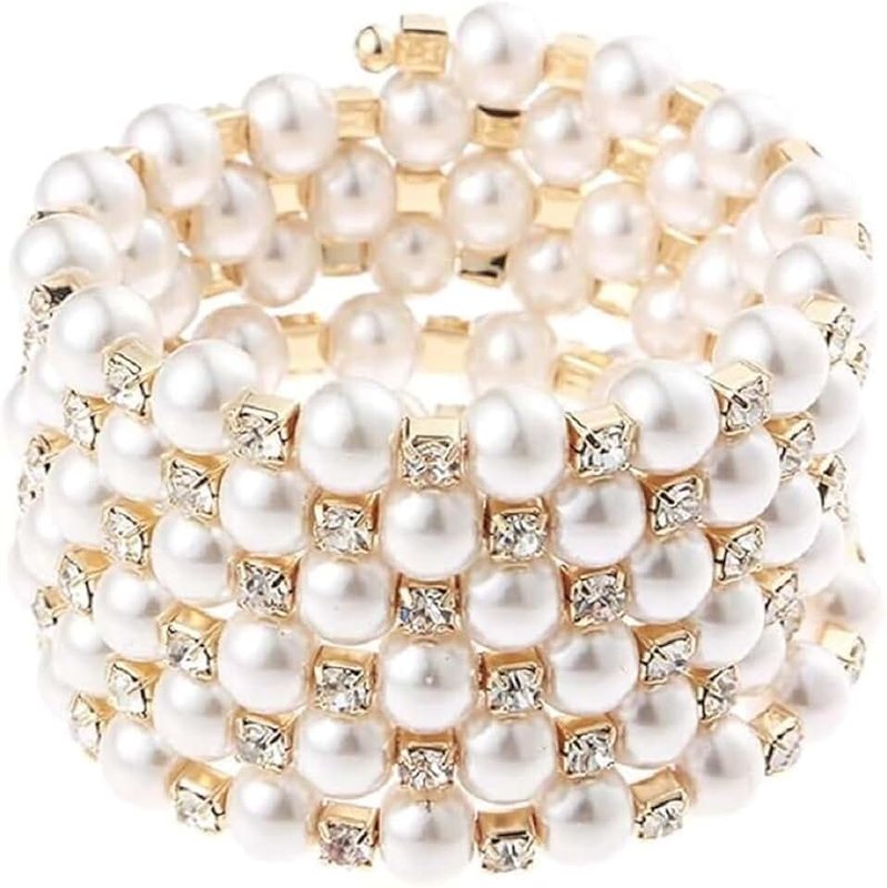 Generic Vintage great Pearl Bracelet Multi-Layered Chunky Pearl Crystal Elastic Bangle Bridal Wedding Jewelry Party Costume Accessories for Women