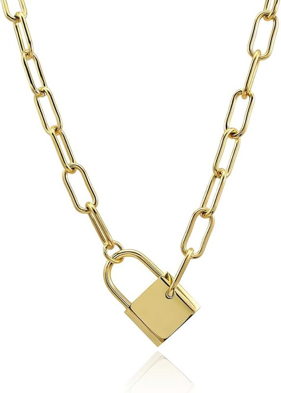 COUYA Waterproof 316L Stainless Steel Two Tone Key Lock Pendant Necklace Choker for Women Men PVD Plating Jewelry