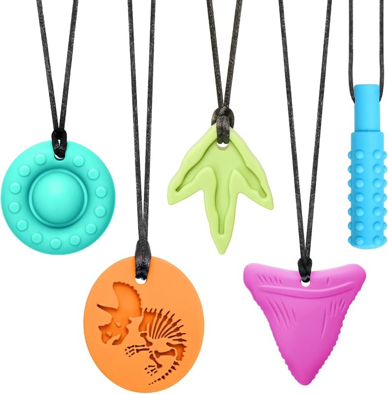 Chew Necklaces for Adults and Babies - Triceratops 5 Piece Set, BPA-Free Silicone Sensory Chew Necklaces for Anxiety Relief, Easy to Hold, with Massage Blocks to Relieve Teething Pain