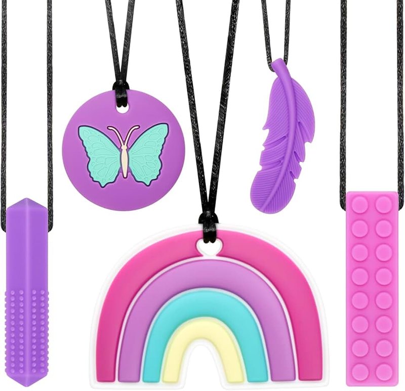 Chew Necklaces for Adults and Babies - Butterfly 5-Piece Set, BPA-Free Silicone Sensory Chew Necklaces for Anxiety Relief, Easy to Hold, with Massage Blocks to Relieve Teething Pain