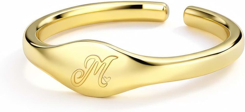 Fohufo Gold Initial Rings for Women Men - Dainty 14K Gold Plated Signet Rings, Open Adjustable Letter & Heart Ring Gold Jewelry, Birthday Gifts for Women