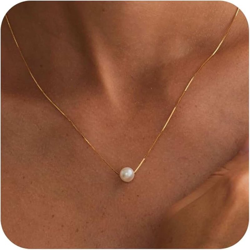 Treasure Bender Gold Pearl Necklaces for Women Trendy 14k Gold Plated Dainty Necklace Simple Pearl Drop Single Charm Pendant Necklace Women's Jewelry Best Friend Birthday Gifts Gold Jewelry for Women