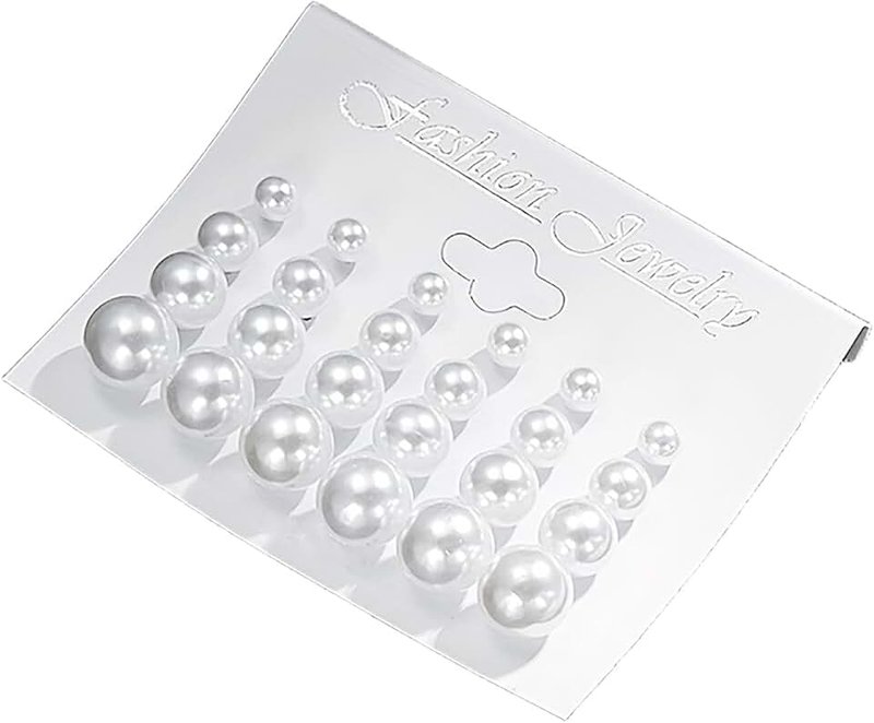 Aiittog 12 Pairs Composite Pearl Earrings, Hypoallergenic Mixed Sizes Simulated Round Ball Pearls Earrings Stud, Lightweight JJewelry Set for Women