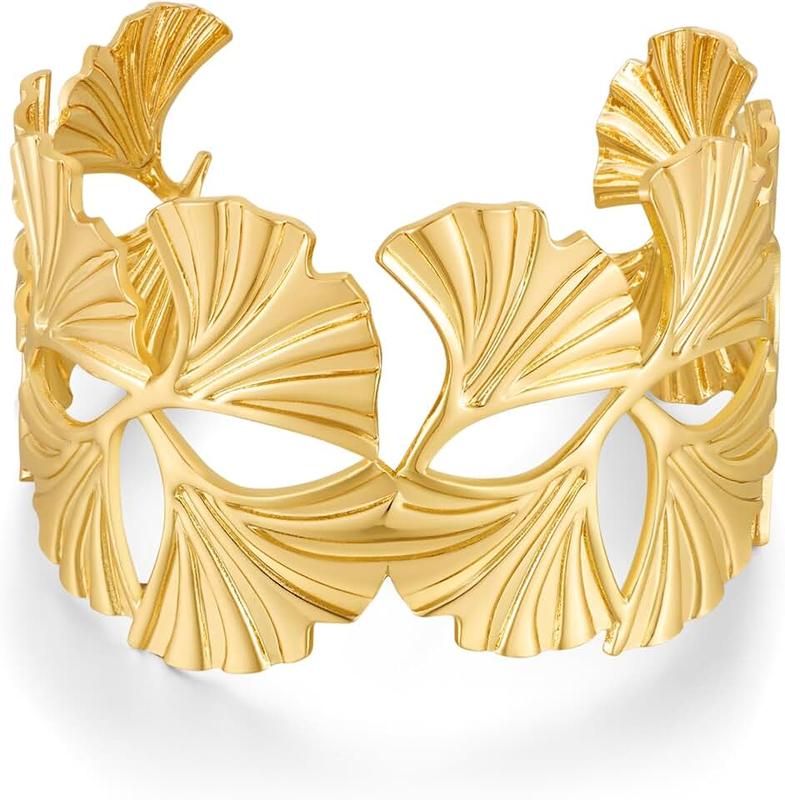 HUAYUNFANG Gold Chunky Cuff Bangle Bracelet For Women Ginkgo Leaf Statement Vintage Bracelets Open Trendy Boho Wide Wrist Cuff Bangles Adjustable Jewelry For Party Summer, Medium, Copper, no gemstone