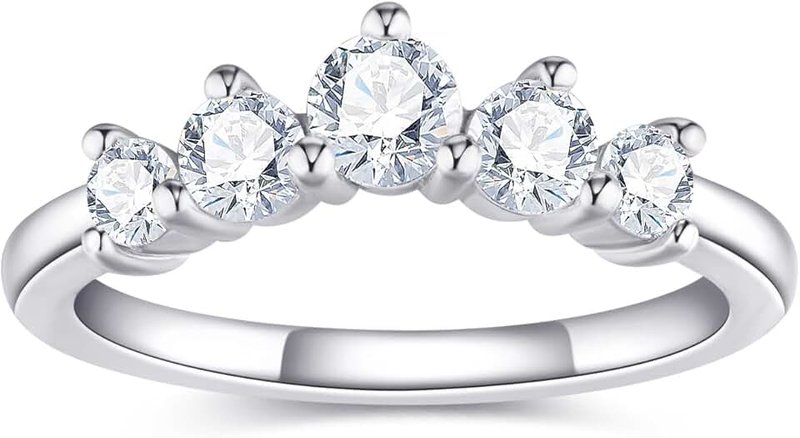 GemSpark Moissanite Half Eternity Rings Wedding Band 5 Stones Stackable Anniversary Band Rings for Women with Certificate Curved 18K White Gold Plated 925 Sterling Silver Round Cut D Color VVS1 Guard