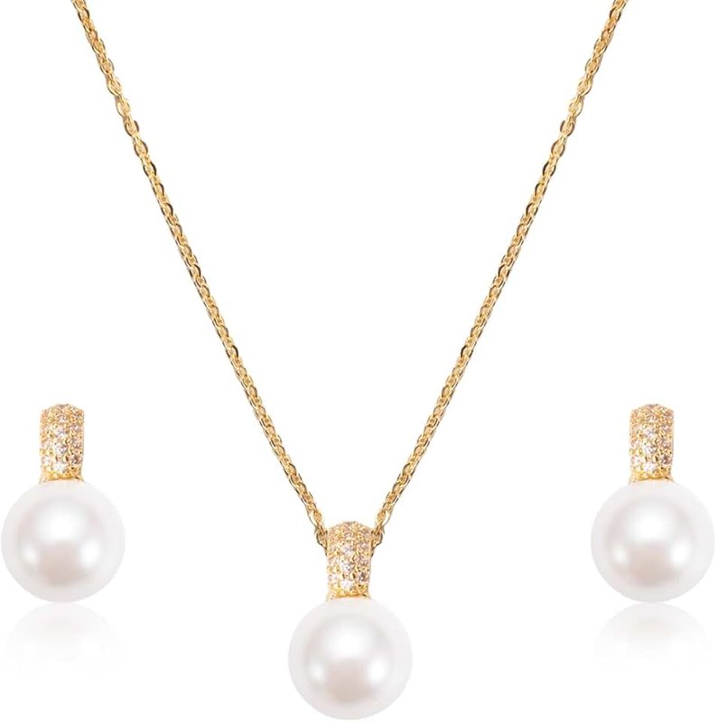 Teppdfann Classic Pearl Jewelry Set for Women – Elegant Pearl Necklace and Earrings Set with 14K Gold Plated Silver Chain Jewelry Perfect as Special Occasion Gift