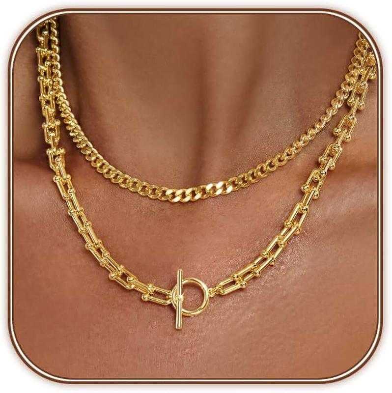 Airmb Gold Necklace for Women Layered 14k Plated Tendy Chunky Gold Necklace Cuban Link Choker Paperclip Chain Stackable OT Toggle Clasp Hypoallergenic Fashion Chunky Statement Jewelry Gifts for Women