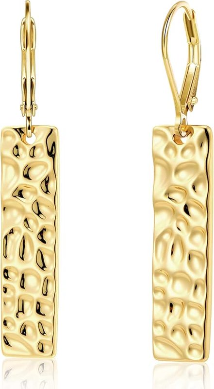 ALEXCRAFT 925 Sterling Silver Dangle Earrings for Women, 14K Gold Plated French Leverback Earrings, Hypoallergenic Lightweight Statement Hammer Square Bar Long Drop Earing for Women Trendy Jewelry