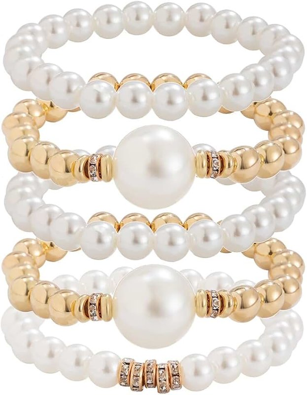 Generic 5Pcs Pearls Beaded Stretch Bracelets,Unique Big Strand Ball Chain Bracelets Set for Women,Exaggerated Layered Stackable White Pearl Bracelet