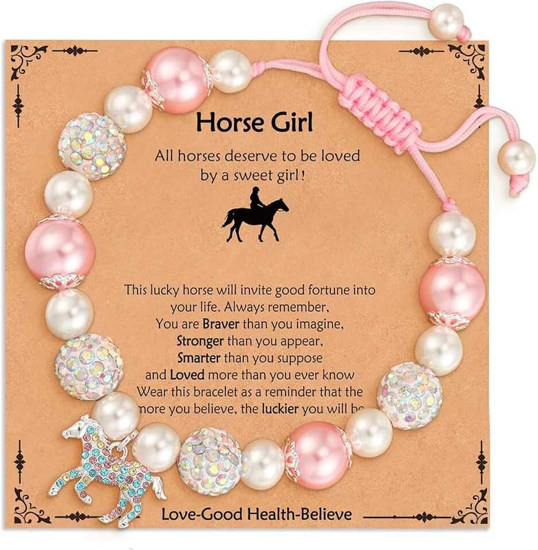 Aretas Horse Bracelet Gifts for Girls Kids Horses Lover Pink Pearl & CZ Ball/Natural Stone Bracelets Adjustable with Horse Charms Cute Kawaii Stuff Christmas Birthday Jewelry Gifts