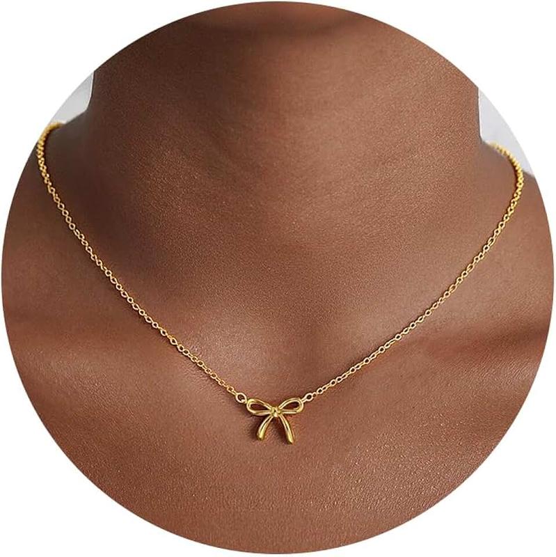 Treasure Bender Dainty Bow Gold Necklace for Women Non Tarnish 14k Gold Plated Pendant Necklaces Trendy Cute Simple Charm Herringbone Bow Pearl Chain Necklace Gold Jewelry for Women Birthday Gift