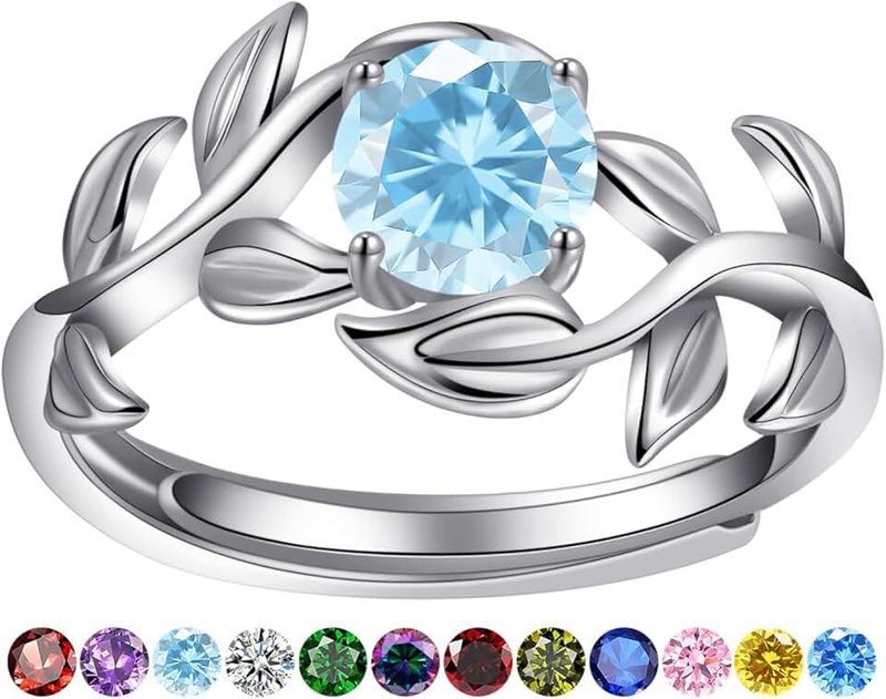 Yaresul 0.8CT Adjustable Women Leaf Ring, White Gold Birthstone Rings for Women Adjustable Wedding Ring for Women Simulated Gemstone Statement Engagement Stackable Open Size 5-9