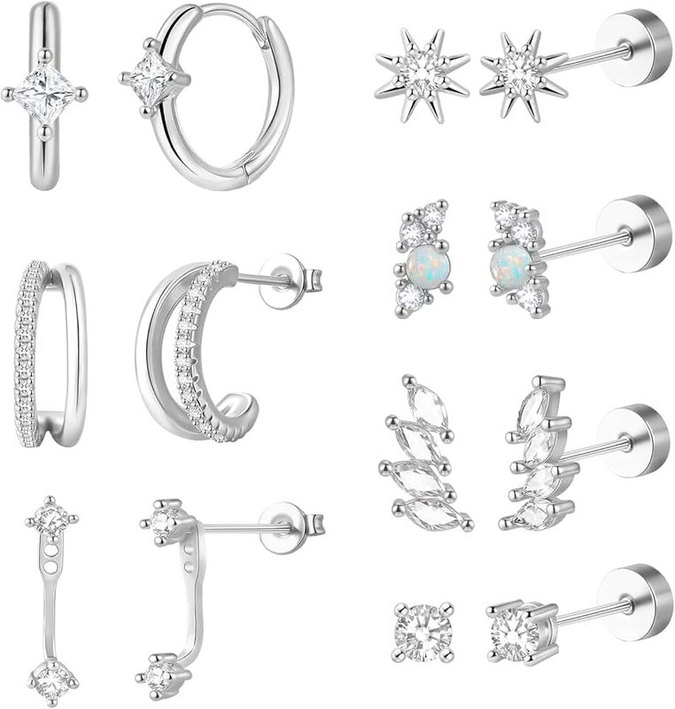 jagosen Gold Flat Back Studs Earrings for Women, 14K Hypoallergenic Cartilage Earrings Set, 7 Pairs Lobe Tragus Helix Conch Piercing Jewelry,Dainty FlatBack Stud Hoop Earring Set for Multiple Piercing