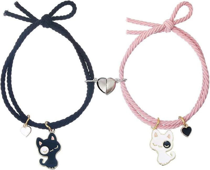 Generic 2Pcs Heart Couples Bracelet for Women Men Cat Friendship Bracelet Adjustable Hand Woven Bracelet Valentine's Day Jewelry