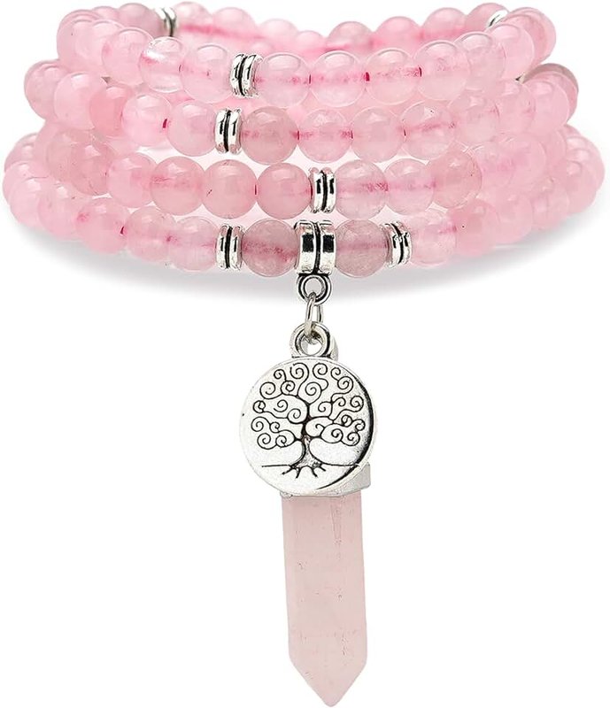 Self-Discovery Mala Tree of Life Charm, Handmade Jewelry Gift for Men or Women, 108 Natural Healing Mala Beads Bracelet Spiritual Necklace with Reiki Quartz Hexagonal Prism Pendant