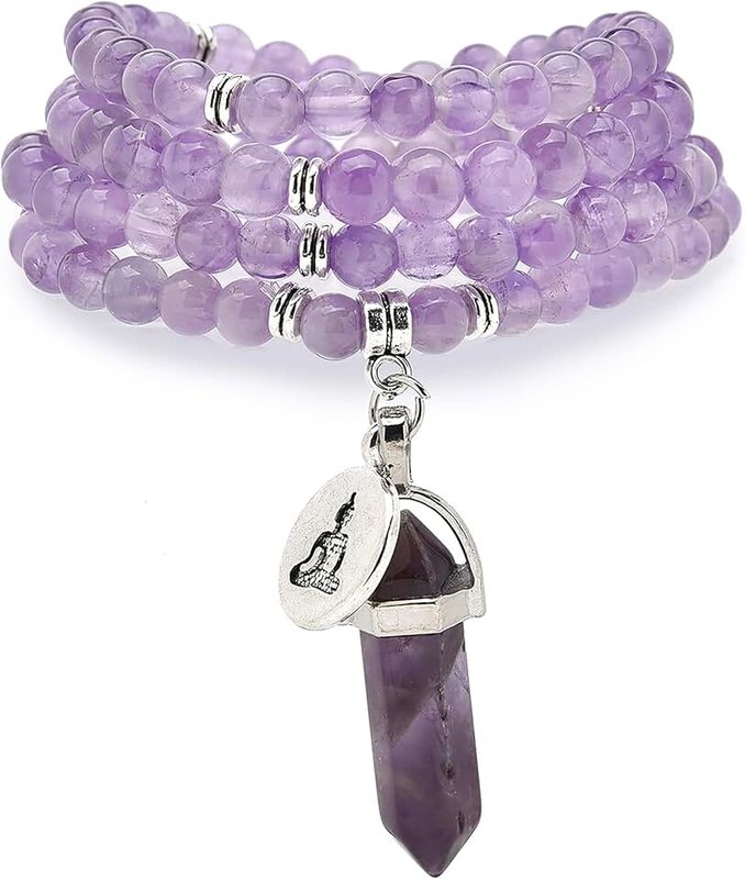 Self-Discovery Mala Natural 108 Mala Beads Bracelet Mindfulness Necklace with Yoga Buddha Zen Charm and Reiki Quartz Hexagonal Prism Pendant