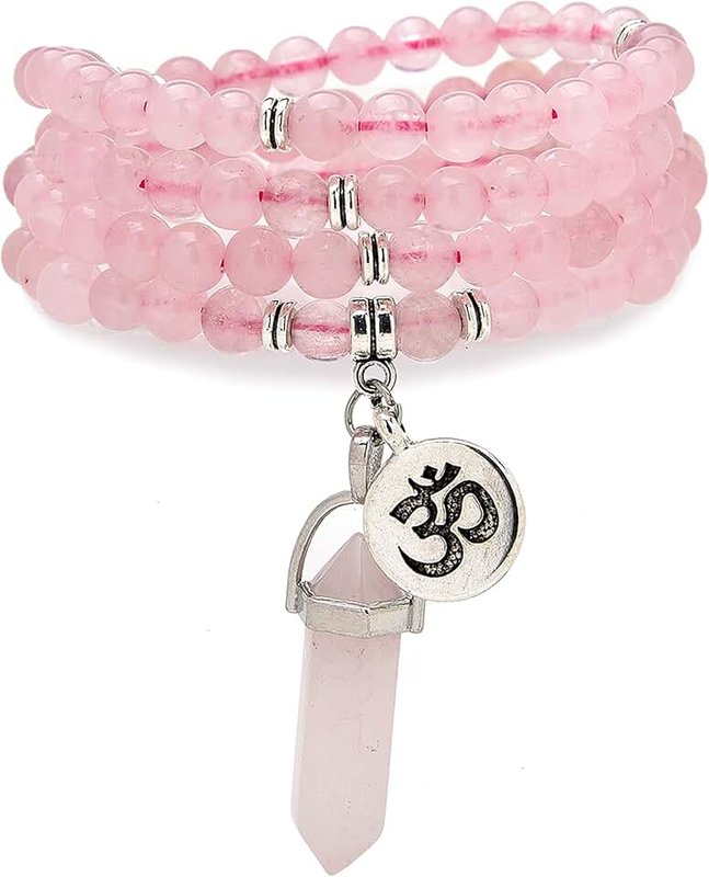 Self-Discovery Mala Natural Japa Mala 108 Beads Bracelet Necklace Meditation Accessories with om Chram and Reiki Quartz Hexagonal Prism Pendant