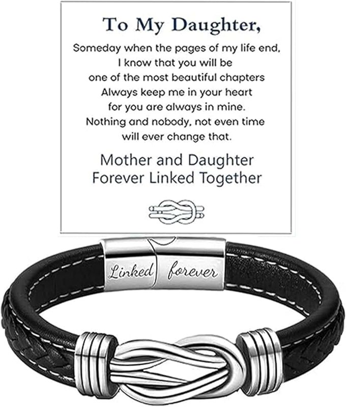 DIOWUS To My Daughter Love You Forever Bracelet, Mother and Daughter Braided Leather Inspirational Wristband Stainless Steel Infinity Knot Engraved Bangle Gift from Mom