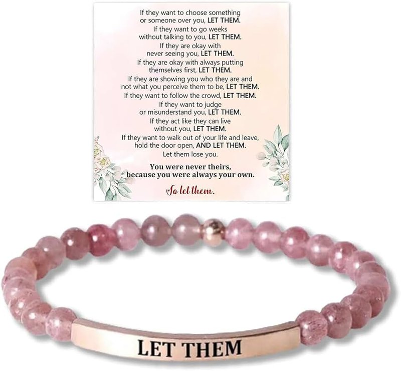 BlingNook Let Them Bead Lettering Bracelet, Stainless Steel Tube Engraved Inspirational Bracelets Healing Crystal Stretch Beaded Personalized Encouragement Jewelry for Sisters Friends